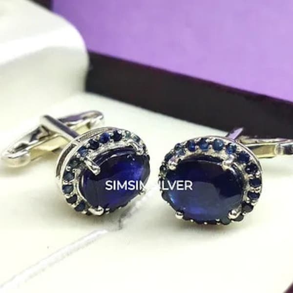 Precious Blue Sapphire Groomsmen Gift Set Cufflinks in 925 Sterling Silver for Grooms Wedding Anniversary Birthday Christmas Presents