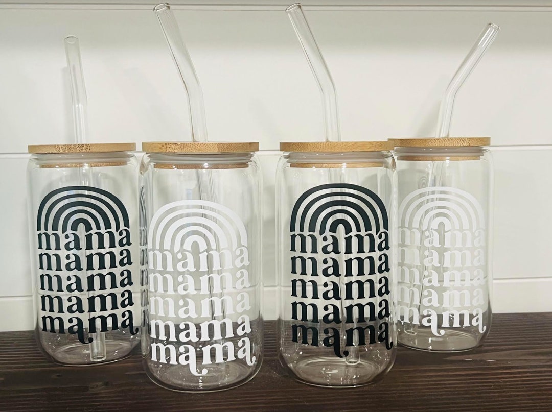 Mama Iced Coffee Cup Glass Can Soda Cup With Bamboo Lid and Glass Straw ...