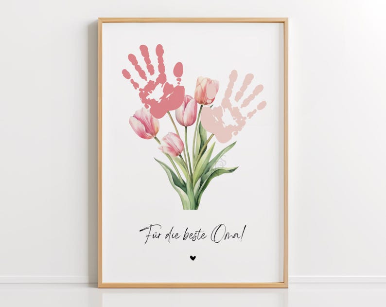 May include: A printable art print with a bouquet of pink tulips and two pink handprints. The text "For the best Oma!" is at the bottom of the print.