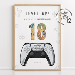 Puede incluir: Un mando de videojuego blanco y negro con el texto "¡Feliz cumpleaños!" en la parte delantera. El número 18 está hecho de dinero y el texto "¡Sube de nivel! Nuevo capítulo desbloqueado" está escrito encima del mando. El texto "Cada 12 horas, la edad aumenta en 12" está escrito en un círculo alrededor del número 12.