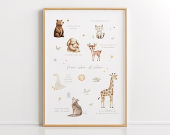 Children's room poster with affirmations – Cute animals & sayings in German, mindfulness for children, self-love poster, digital download