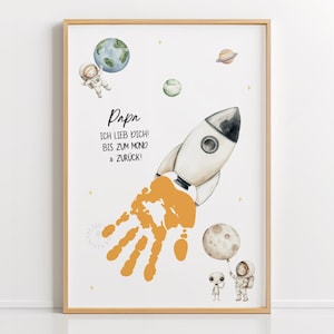 Regalo per la festa del papà in formato PDF: modello per lavoretto con impronte di mani a forma di razzo, idea regalo fai da te per lavoretti con i bambini per papà, scarica e stampa
