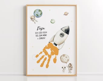 Regalo para el Día del Padre en PDF: plantilla de cohete para manualidades con huellas de manos, idea de regalo DIY para hacer con los niños para papá, descarga e imprime.
