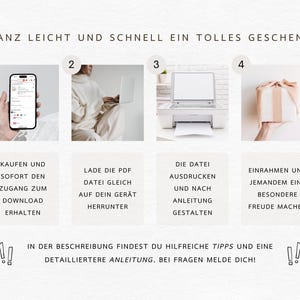May include: A four-step guide to creating a personalized gift. The steps are: 1. Buy and download a digital file, 2. Download the PDF file to your device, 3. Print the file and follow the instructions, 4. Frame the print and give it as a gift.