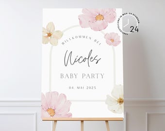 Letrero de bienvenida para baby shower (PDF): Decoración personalizada con nombre, letrero para baby shower de niña, para imprimir y descargar | Tiny Blossom