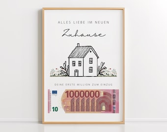 Könnte beinhalten: Eine Schwarzweißillustration eines Hauses mit einem schwarzen Rahmen darum. Der Text "ALLES LIEBE IM NEUEN Zuhause" befindet sich oben im Bild. Der Text "DEINE ERSTE MILLION ZUM EINZUG" befindet sich unter dem Haus. Ein 1.000.000 Euro-Schein befindet sich unten im Bild.