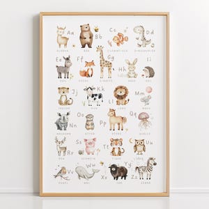 Póster ABC para habitación infantil en PDF, póster del alfabeto de animales, póster para aprender alemán, póster de letras A4 A3, alfabeto de animales, póster infantil, descargar