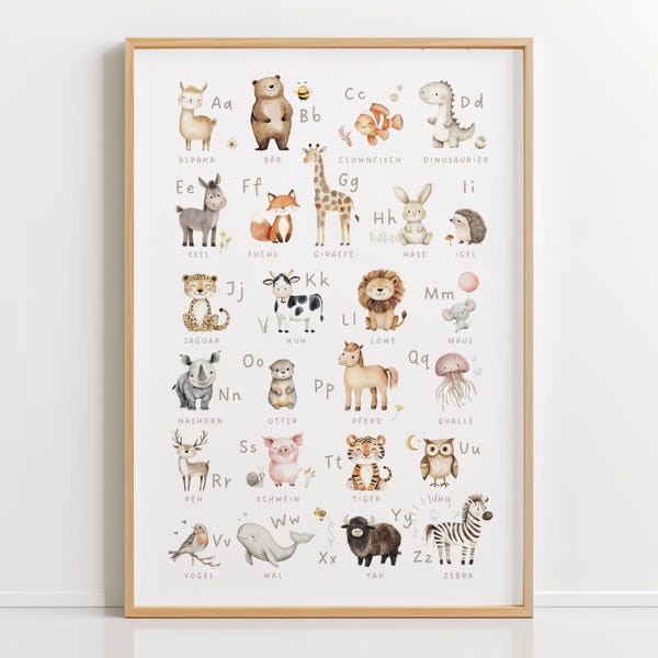 Affiche ABC Animaux pour chambre d'enfant, Affiche alphabet avec animaux à imprimer, Affiche d'apprentissage ABC des animaux, Modèle PDF à télécharger et à imprimer