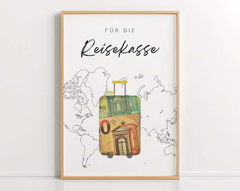 Reise-Geldgeschenk als DIY-Vorlage zum Ausdrucken für Urlaubskasse, ideal für stilvolles Geld verschenken und Last-Minute-Geschenke.