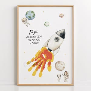 Regalo per la festa del papà in formato PDF: modello per lavoretto con impronte di mani a forma di razzo, idea regalo fai da te per lavoretti con i bambini per papà, scarica e stampa
