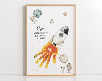 Regalo para el Día del Padre en PDF: plantilla de cohete para manualidades con huellas de manos, idea de regalo DIY para hacer con los niños para papá, descarga e imprime.