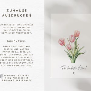 May include: Printable digital download of a watercolor illustration of pink tulips with green stems and leaves. The text "For the best Oma!" is written below the flowers.