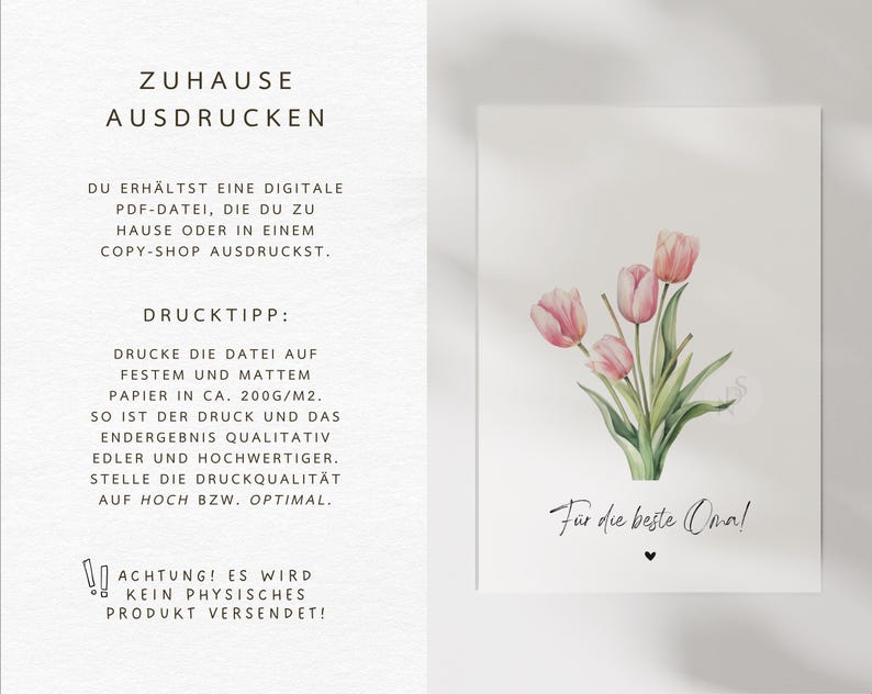 May include: Printable digital download of a watercolor illustration of pink tulips with green stems and leaves. The text "For the best Oma!" is written below the flowers.