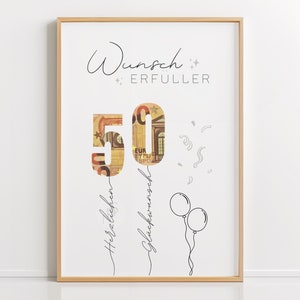 Geldgeschenk 50. Geburtstag PDF – Luftballon, Wunscherfüller, Herzlichen Glückwunsch, DIY Vorlage, Last-Minute Geschenk, DIN A4 Download