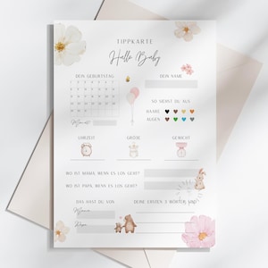 Può includere: Biglietto di previsione per baby shower bianco con illustrazioni floreali e acquerelli. Il biglietto include spazi per le previsioni sulla data di nascita, il nome e l'aspetto del bambino, insieme a un calendario, un orologio e una bilancia.