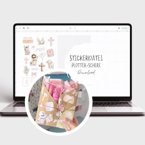 May include: A laptop displays a sticker design with religious symbols, including a lamb, cross, and dove. A brown paper envelope, decorated with stickers and tied with twine, is in the foreground. The text "STICKERDATEI PLOTTER+SCHERE Download" is visible on the screen.