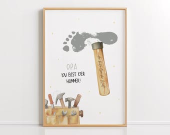 Regalo para el abuelo (PDF) – Plantilla de martillo para manualidades con huellas de pies, idea de regalo DIY para hacer con niños, ¡Tú eres el martillo!, descarga e imprime.