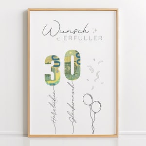 Geldgeschenk 30. Geburtstag PDF – Luftballon, Wunscherfüller, Herzlichen Glückwunsch, DIY Vorlage, Last-Minute Geschenk, DIN A4 Download