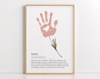 Regalo para el Día de la Madre en PDF: Plantilla de manualidades con huellas de manos para el Día de la Madre, idea DIY para niños, definición de mamá, descarga e imprime.