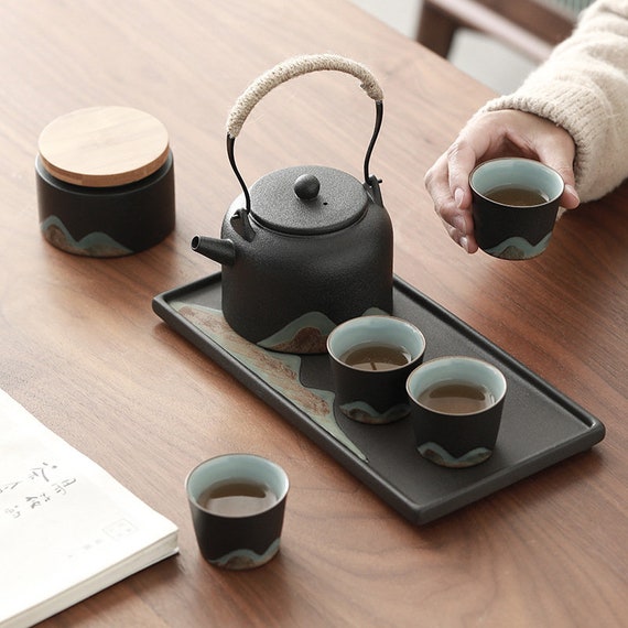 Japanese Zen Gongfu Tea Set Black Pottery Chinese Tea Set Etsy