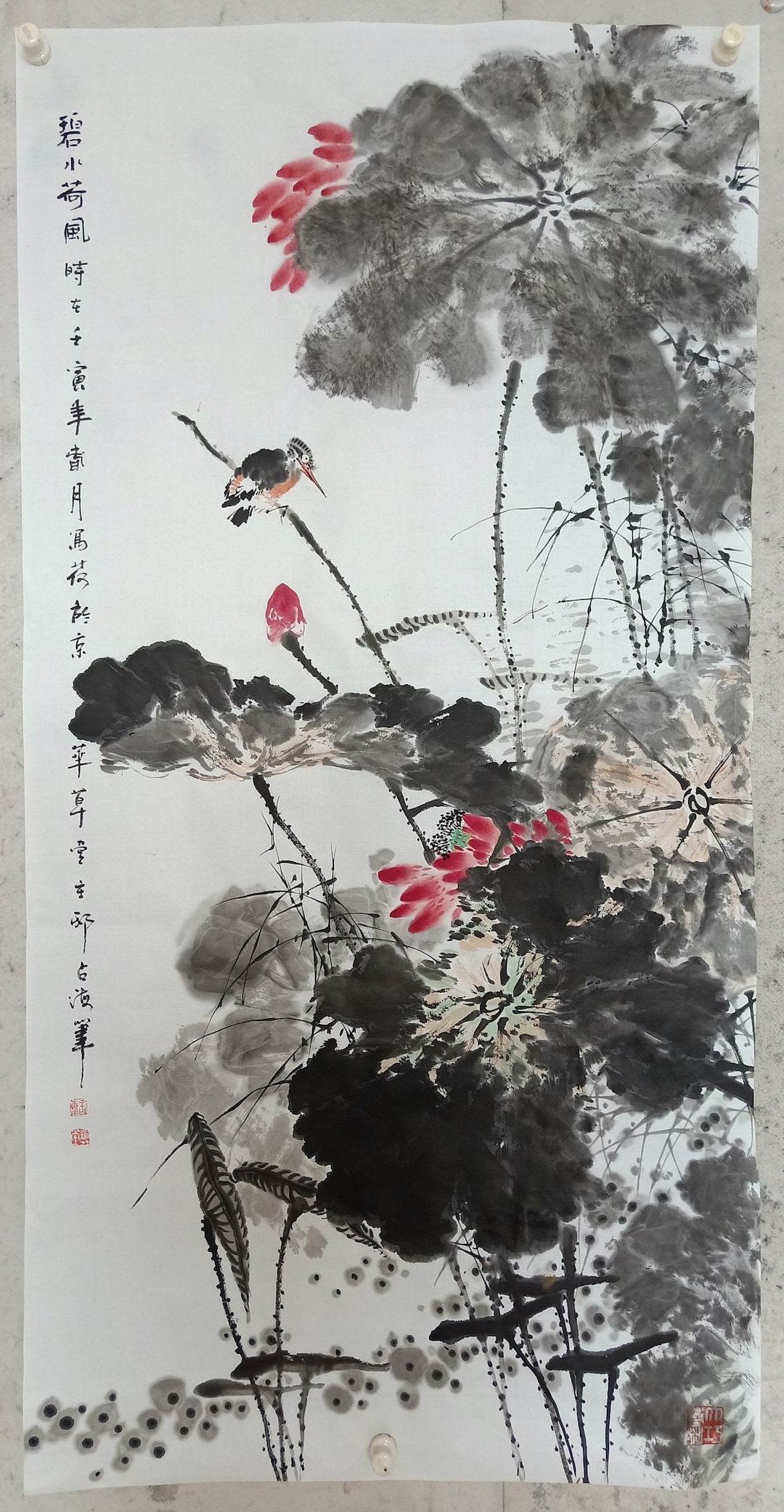 Original Chinese Ink Painting Lotus Flowers, Sumie Lotus, Oriental Ink