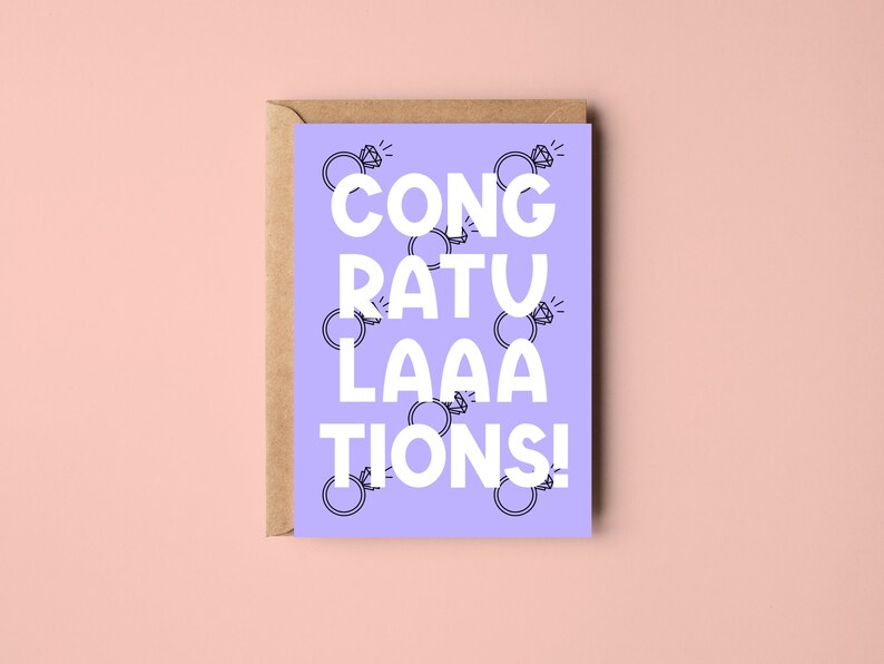 Congratulations Card Various Colours Engagement Wedding Ring Diamond Pastel Blue Pink Green Purple Stripes Cute Purple