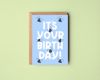 Birthday Card | Happy Birthday | Pastel Blue | Bees | Cute | Mental Health | Wellbeing