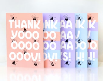Thank You Card Multipack | 5 Cards For The Price Of 4 | Thanks So Much | Pastel Pink Blue Purple | Mental Health | Wellbeing | Bees | Cute