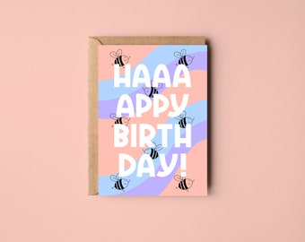 Birthday Card | Happy Birthday | Squiggle Stripes | Pink Purple Blue | Bees | Cute | Mental Health | Wellbeing