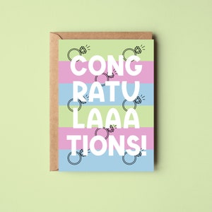 Congratulations Card Various Colours Engagement Wedding Ring Diamond Pastel Blue Pink Green Purple Stripes Cute Horizontal Stripes