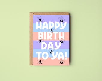 Birthday Card | Happy Birthday | Stripes | Pink Purple Blue | Bees | Cute | Mental Health | Wellbeing