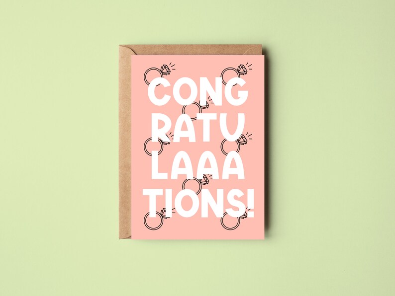 Congratulations Card Various Colours Engagement Wedding Ring Diamond Pastel Blue Pink Green Purple Stripes Cute Pink