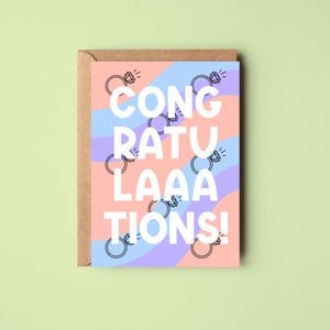 Congratulations Card Various Colours Engagement Wedding Ring Diamond Pastel Blue Pink Green Purple Stripes Cute Squiggle Stripe