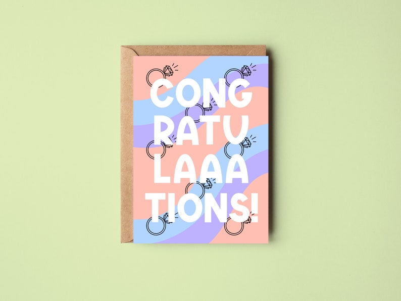 Congratulations Card Various Colours Engagement Wedding Ring Diamond Pastel Blue Pink Green Purple Stripes Cute Squiggle Stripe