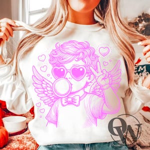 Retro Pink Cupid Valentines Day Blowing Bubble PNG, Cupid png, Vintage Valentines Day PNG, Funny Cupid With Sunglasses, Valentines Day png