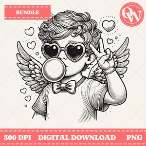 Retro Cupid Valentines Day Blowing Bubble Bundle, Cupid png, Vintage Valentines Day PNG, Funny Cupid With Sunglasses, Valentines Day png