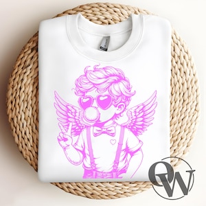 Retro Pink Cupid Valentines Day Blowing Bubble PNG, Cupid png, Vintage Valentines Day PNG, Funny Cupid With Sunglasses, Valentines Day png