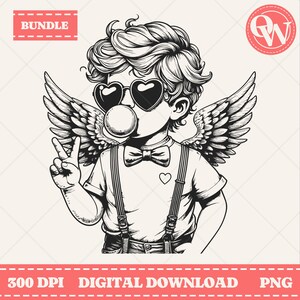 Retro Cupid Valentines Day Blowing Bubble Bundle, Cupid png, Vintage Valentines Day PNG, Funny Cupid With Sunglasses, Valentines Day png