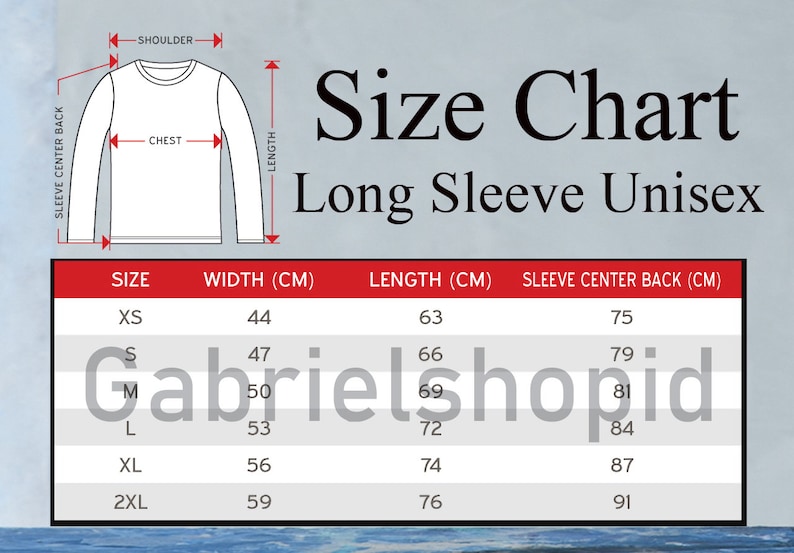 May include: Size chart for long-sleeve unisex shirts. The chart shows sizes XS to 2XL with corresponding width, length, and sleeve center back measurements in centimeters.