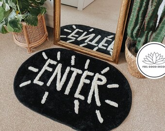 Black and Off White Tufted Letter Graphic Bedside Rug | Modern Letter Motif None Slip Bath Mat | Hand Tufted Enter Office Bedroom Floor Mat