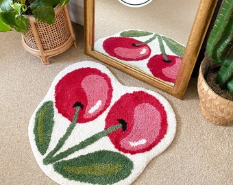 Cute Cherry Shaped Tufted Rug  | Pretty Fruit Bedside Accent Rug | Decorative Floor Mat | Novelty Happy Bath Mat | Bathroom | Kids Room