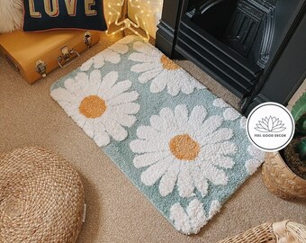 Chic Daisy Tufted Bedside Rug | Cute Retro Floral Floor Mat | Fluffy Daisy Tufted Bath Mat | Pretty Bathroom Bedroom Livinhg Room Area Rug