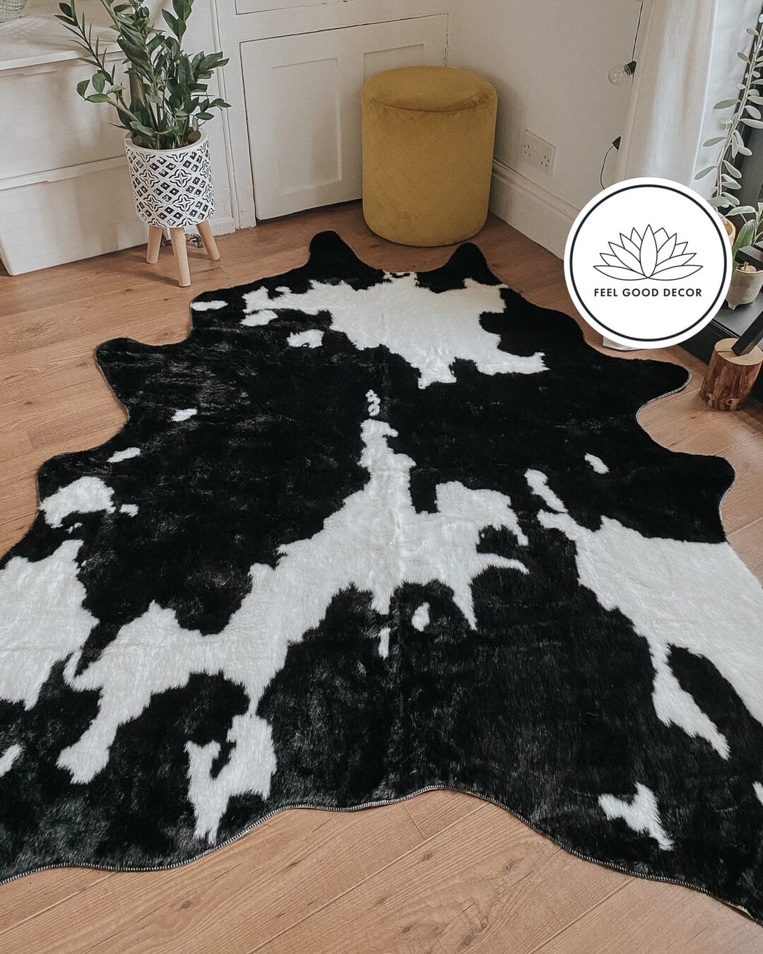 Large Faux Cowhide Rug 6.6 X 5.3 Ft Contemporary Black & Etsy