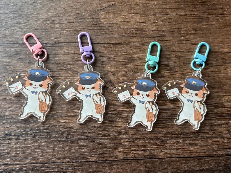 Mochi Mailman Acrylic Keychain | Vintage Mailman Charm | Kawaii Dog Mail Carrier Bag image 3