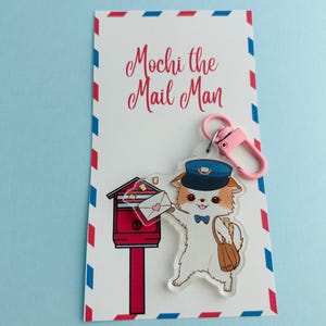 Mochi Mailman Acrylic Keychain | Vintage Mailman Charm | Kawaii Dog Mail Carrier Bag image 11