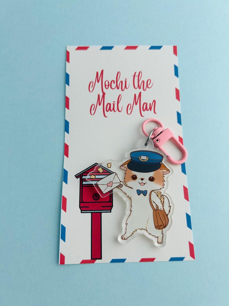 Mochi Mailman Acrylic Keychain | Vintage Mailman Charm | Kawaii Dog Mail Carrier Bag image 11