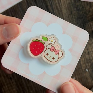 Strawberry Cream Bear with a Kawaii Bow Ichigo and Flower Cute Acrylic Pin with Heart-Shaped Backing
