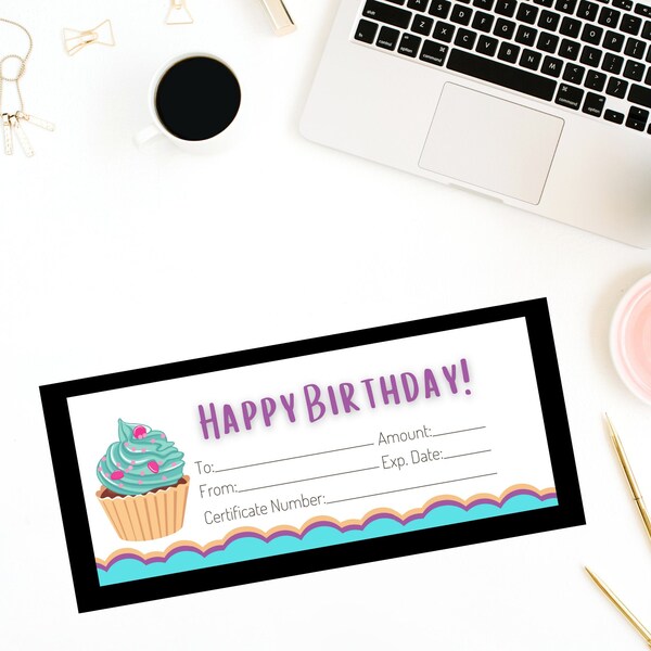 Certificat-cadeau sur le thème d’anniversaire Cupcake, téléchargement instantané imprimable, 3 par page