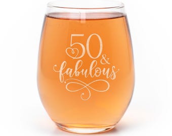 50th Birthday Glass 50 And Fabulous Stemless Wine, Funny Fiftieth, Gift For Her, 15 Oz