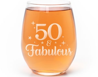 50th Birthday And Fabulous Stemless Wine Glass - Perfect Gift for 50th Birthday, Fiftieth Bday Gift